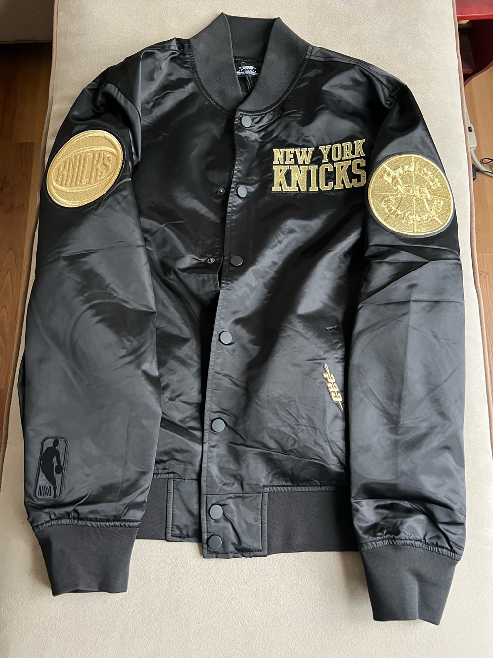 New York Knicks Black & Gold Satin Varsity Bomber Jacket
